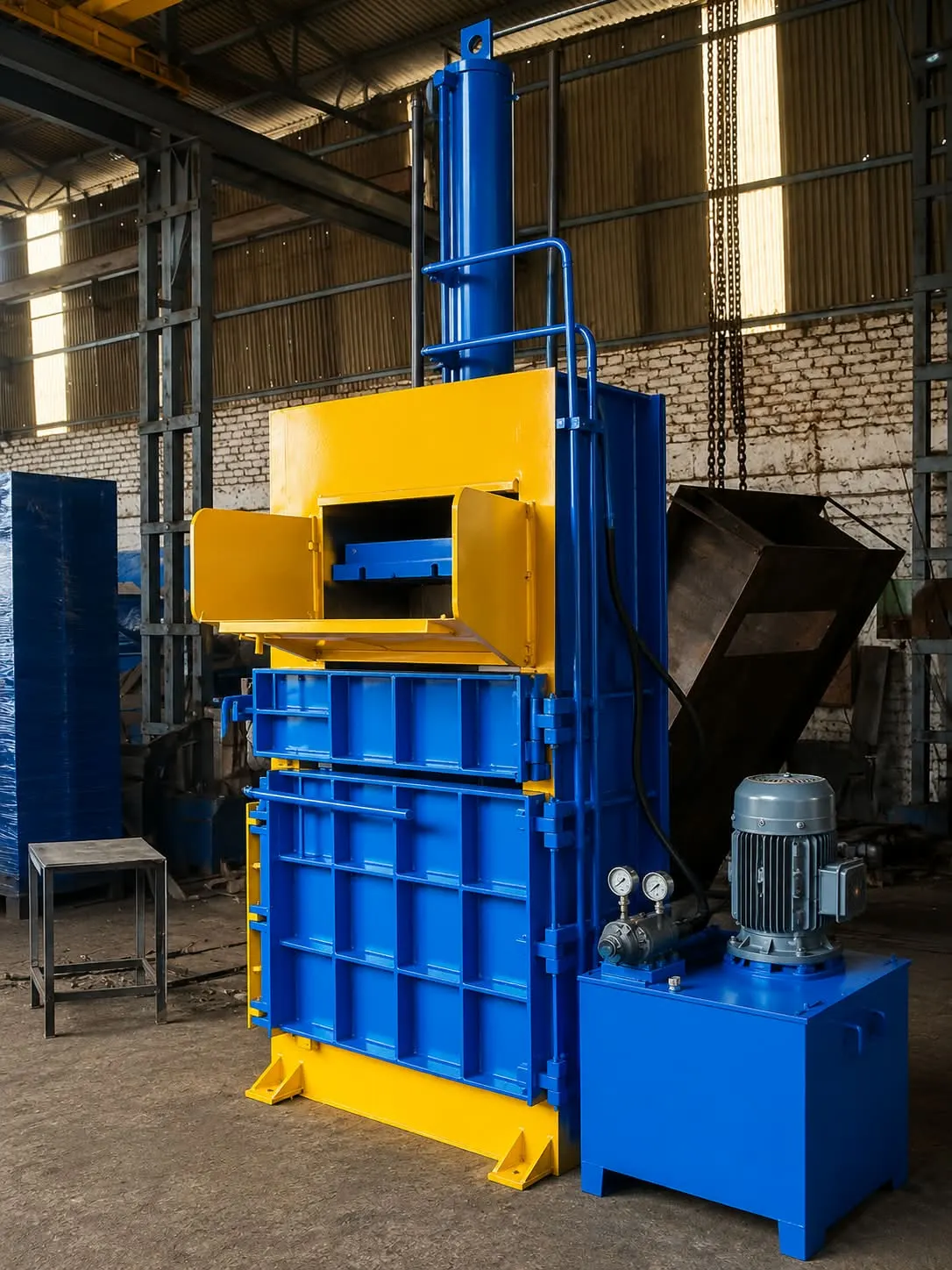 Automatic vertical hydraulic baling press on the shop floor